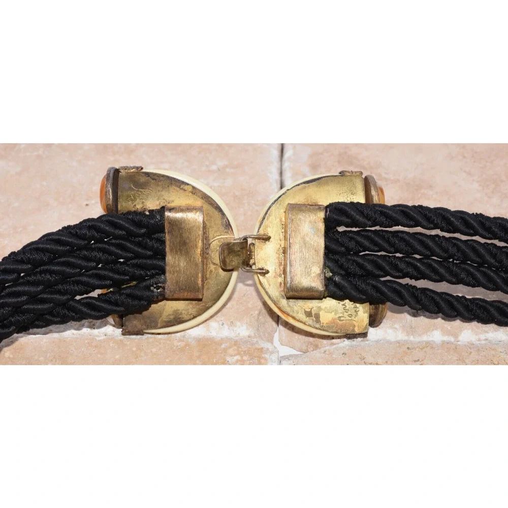 Vintage Sonia Petroff Aries Jeweled Cabochon Buckle Twisted Black Cord Belt